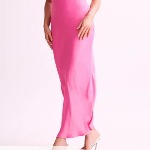 Meshki Satin Drape Back Maxi Dress with Split - Pink / XS - Picture 2 of 12